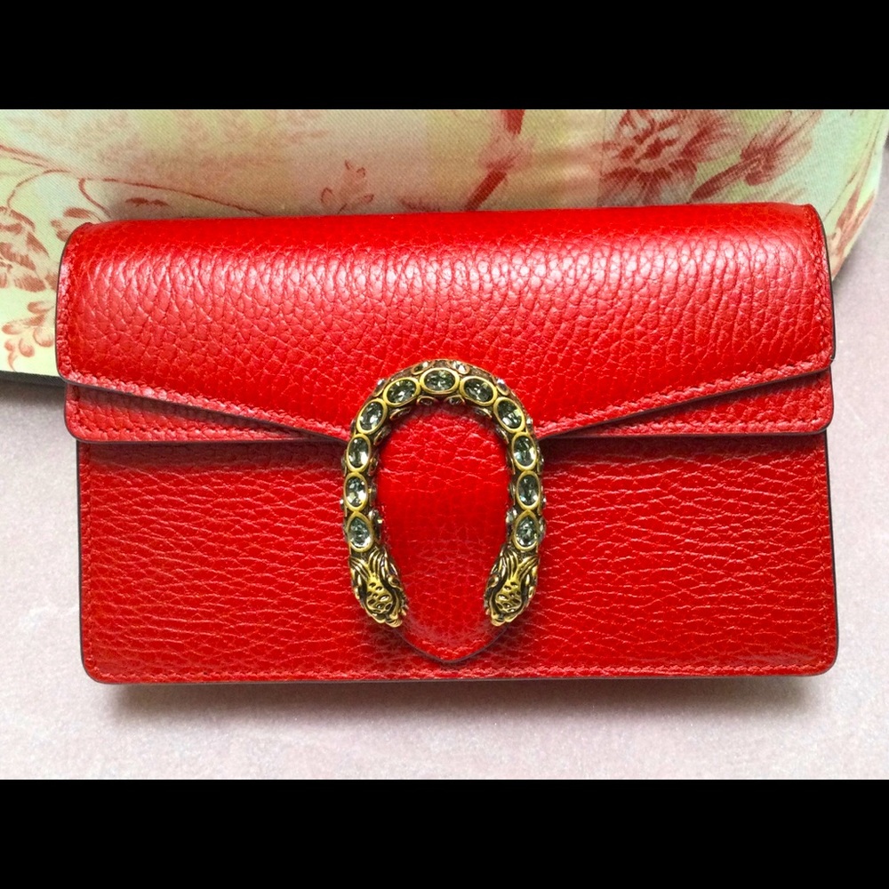 SOLD GUCCI Super Mini Dionysus Red Leather, Tiger Head with Crystals
